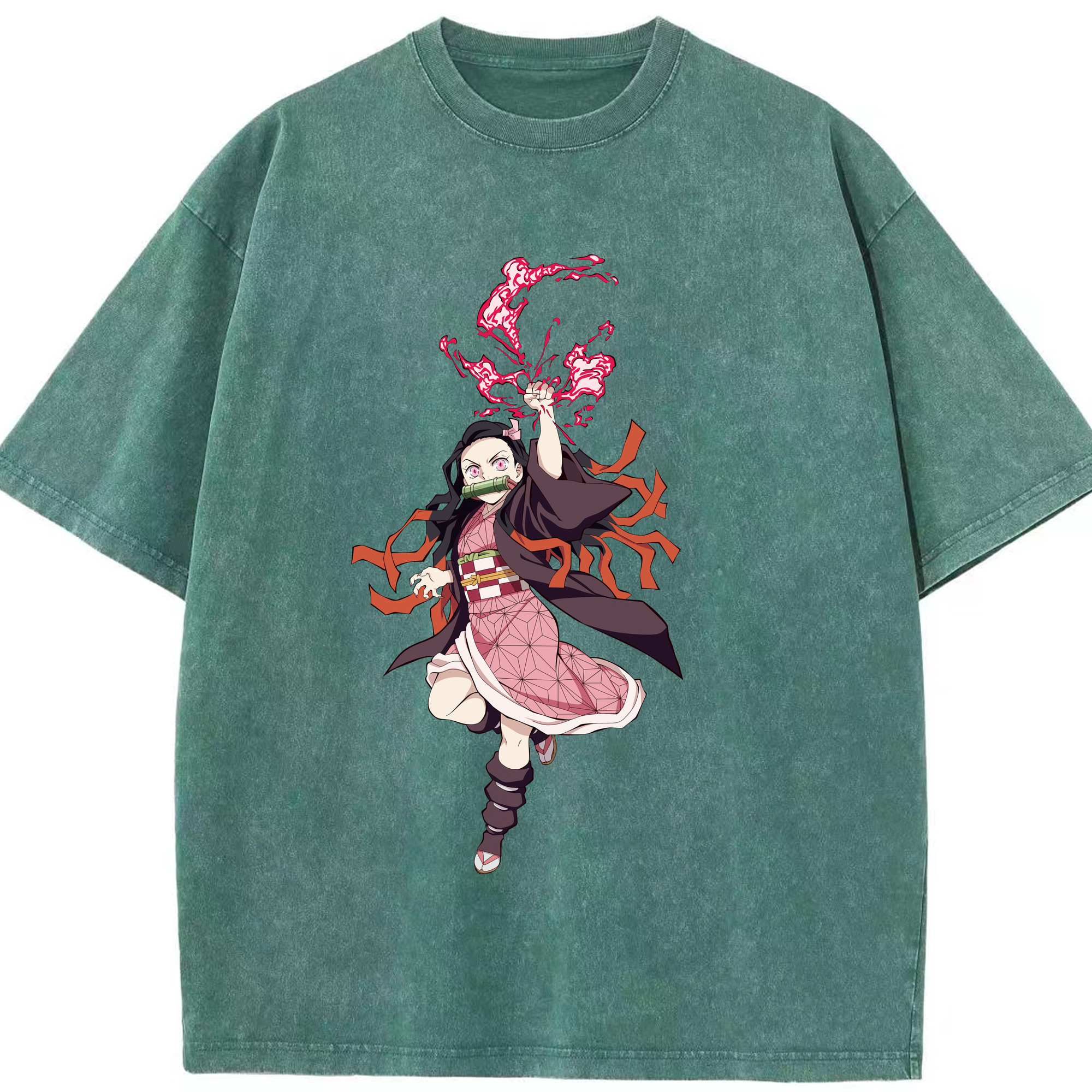 （画像用） 鬼滅の刃（きめつのやいば）竈門 禰󠄀豆子／かまど ねずこ Kamado Nezuko 綿100% ヴィンテージ風 半袖Tシャツ（フロントプリント）
